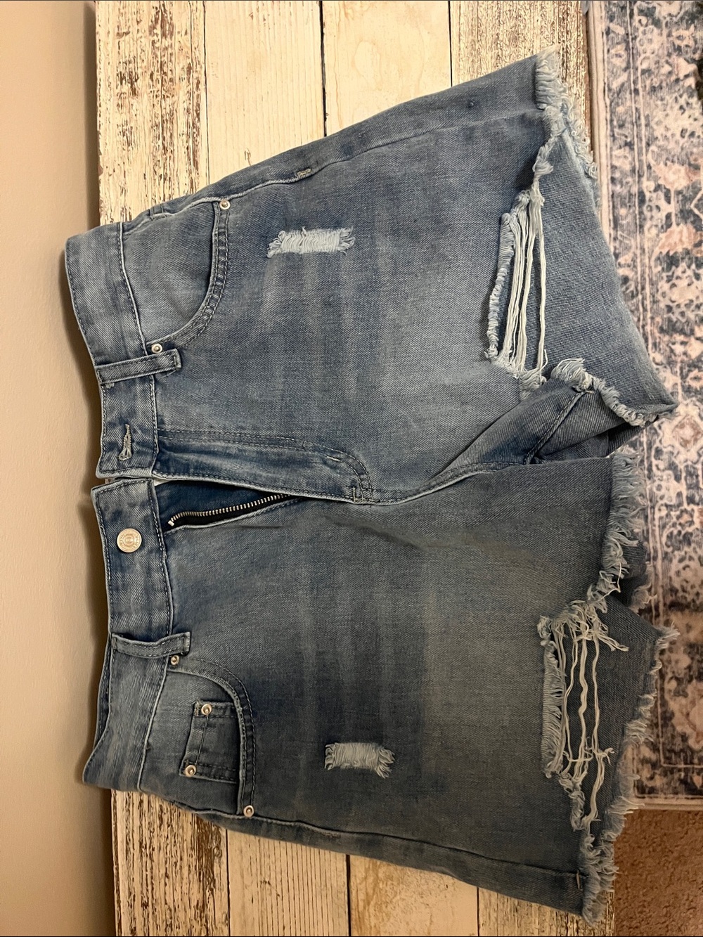 Distressed High-Waist Denim Shorts - Medium Blue
